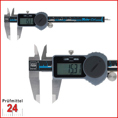 Digital Messschieber TESA 150 mm
TWIN-CAL IP40 00530094
mit rundem Tiefenmaß
Datenausgang: Ja, Mit Antriebsrad