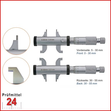 Innenmessschraube mit Doppel-Messschnabel 5 - 55 mm
mit gewölbten Messflächen
Einstellring: 30 mm