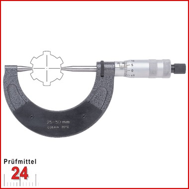 STEINLE Bügelmessschraube 150 - 175 mm
für Fußkreisdurchmessers und Keilwellen
Messflächen aus Hartmetall 
Ablesung: 0,01 mm
Messfläche: 6,5 mm