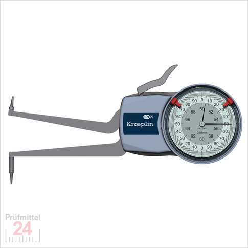 Kroeplin Schnelltaster Analog Messbereich:  50 - 70   mm
für Innen Nutenmessung Typ:  H250  
Skalenteilungswert Skw: 0,01 mm
Max. Tastarmlänge L: 85 mm