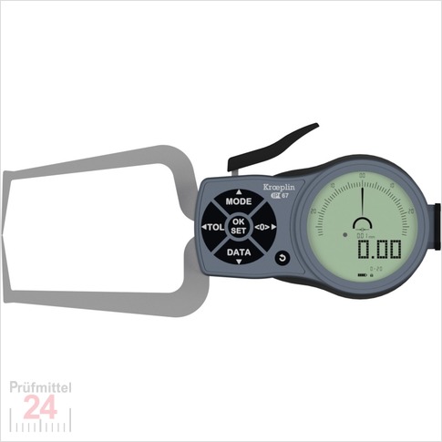 Kroeplin Schnelltaster Digital 0 - 20 mm
für Außenmessung Typ: K220S
Skalenteilungswert Skw:  0,001 / 0,002 / 0,005 / 0,01 / 0,02 / 0,05  mm
Max. Tastarmlänge: 24,7 mm