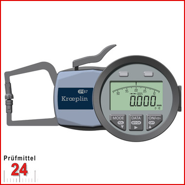 Kroeplin Schnelltaster Digital Messbereich:  0 - 10   mm
für Folien- und Schaumstoffmessung Typ:  C110T  
Skalenteilungswert Skw: 0,005 mm
Max. Tastarmlänge L:  E   mm