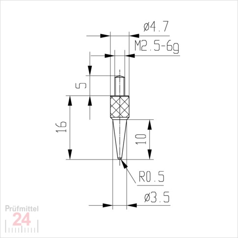Messeinsatz für Messuhr R 0,5 mm Typ: 106
Stahl rostfrei  573/15
