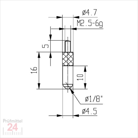 Messeinsatz für Messuhr Ø 4,5 mm Typ: 107
Stahl rostfrei  573/16
Länge: 16 mm