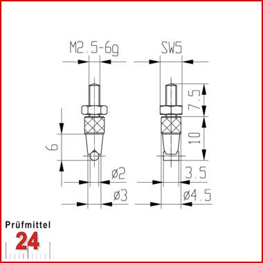 Messeinsatz für Messuhr Zylinder Ø 3,0 mm Typ: 115
Stahl rostfrei  573/24
horiz. Zylinder, Einstellmutter
