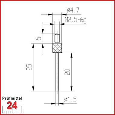 Messeinsatz für Messuhr Ø 1,5 mm Typ: 105L
Stahl rostfrei  573/14-L20
Stiftlänge: 20 mm
