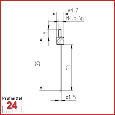 Messeinsatz für Messuhr Ø 1,5 mm Typ: 105L
Stahl rostfrei  573/14-L30
Stiftlänge: 30 mm