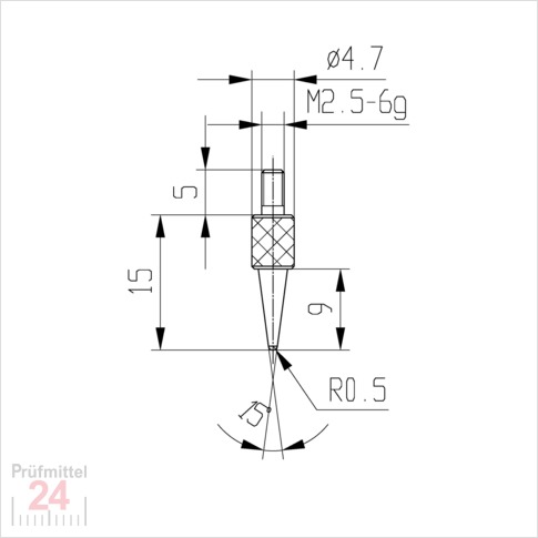 Messeinsatz für Messuhr R 0,5 mm Typ: 106L
Stahl rostfrei  573/15-15
Konuslänge: 15 mm