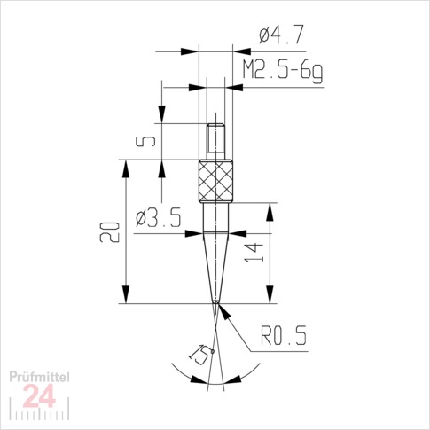 Messeinsatz für Messuhr R 0,5 mm Typ: 106L
Stahl rostfrei  573/15-20
Konuslänge: 20 mm