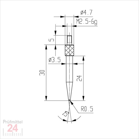 Messeinsatz für Messuhr R 0,5 mm Typ: 106L
Stahl rostfrei  573/15-30
Konuslänge: 30 mm