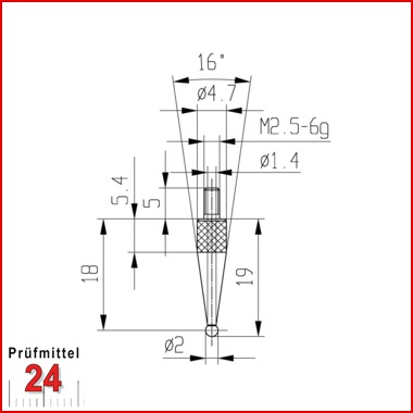 Messeinsatz für Messuhr Ø 2 mm Typ: 108R
Rubinbestückt  573/42 R 2
Rubinkugel D = 2 mm