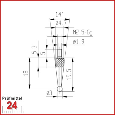 Messeinsatz für Messuhr Ø 3 mm Typ: 108R
Rubinbestückt  573/42 R 3
Rubinkugel D = 3 mm