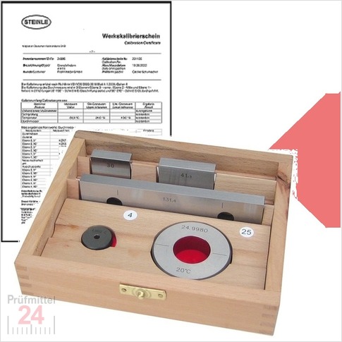 STEINLE 5tlg Parallelendmass Prüfsatz Stahl 5tlg 
Inkl. Werks-Kalibrierschein
für Messschieber bis 150 mm Toleranzklasse: (1) 
5 tlg. (30 / 41,3 / 131,4 mm) mit Einstellring (4 u. 25 mm)