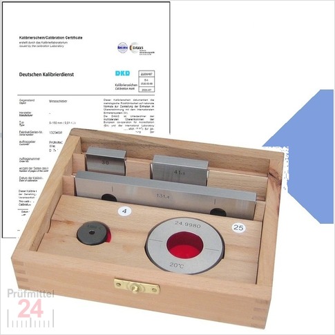 STEINLE 5tlg Parallelendmass Prüfsatz Stahl 5tlg 
Inkl. DakkS-Kalibrierschein
für Messschieber bis 150 mm Toleranzklasse: (1) 
5 tlg. (31 / 41,3 / 131,4 mm) mit Einstellring (5 u. 25 mm)