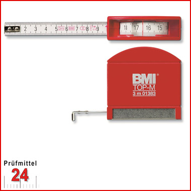 BMI Taschenbandmaß 406 TOP-M, Länge 3 m, mm-Teilung 
Bandbreite: 13 mm, weiß lackiertes Band , Gehäuse rot
Massband 406341