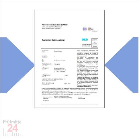 DAkkS Kalibrierung Längenmesstaster bis 100 mm, Aufl. 1µm
in einem DAkkS akkreditiertem Prüflabor
inkl. DAkkS Prüfplakette & PDF DAkkS Kalibrierschein