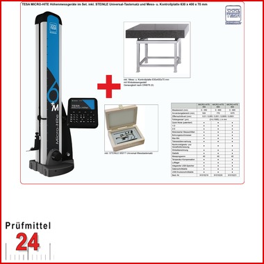 Höhenmessgeräte 350 Manuell im Set. 
MICRO-HITE 350 Manuell 00730073
inkl. Mess- u. Kontrollplatte 630 x 400 x 70 mm
inkl. 9501T Universal-Messtastersatz