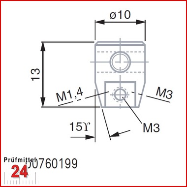 Universeller Messeinsatzhalter mit Aufnahmeschaft Ø 4 mm (zu verwenden mit
dem radialen Messeinsatzhalter Nr. 00760198); mit je zwei Gewinden M1,4 und
M3 für Messeinsätze